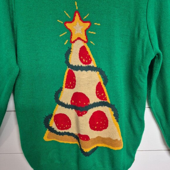 Tipsy Elves Youth Green Christmas Pizza Ugly Sweater Long Sleeves Knit Pullover - Picture 2 of 5